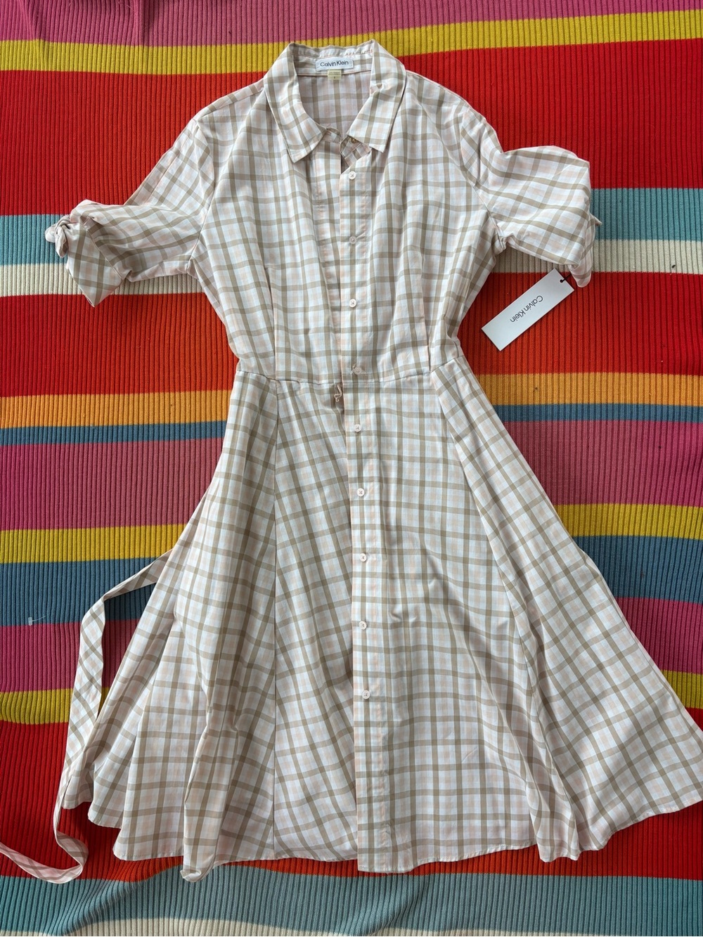 NWT Calvin Klein Pink and Grey Gingham Dress with Pleats